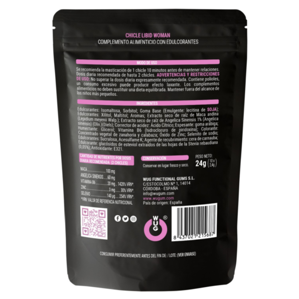 WUG GUM LIBID WOMAN CHICLE AUMENTO LIBIDO MUJER 10 UNIDADES - Imagen 2