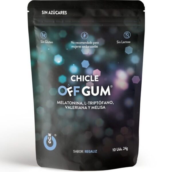WUG GUM OFF CHICLE VALERIANA, TRIPTÓFANO, MELISA Y MELATONINA 10 UNIDADES