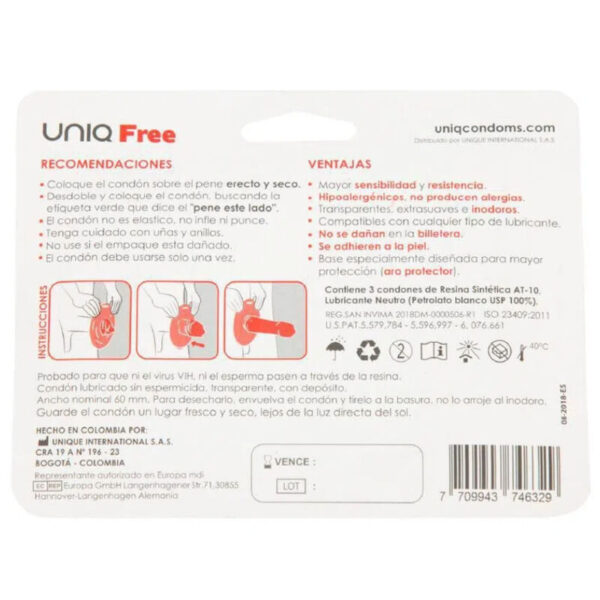 UNIQ FREE PRESERVATIVOS CON ARO PROTECTOR SIN LATEX 3 UNIDADES - Imagen 2