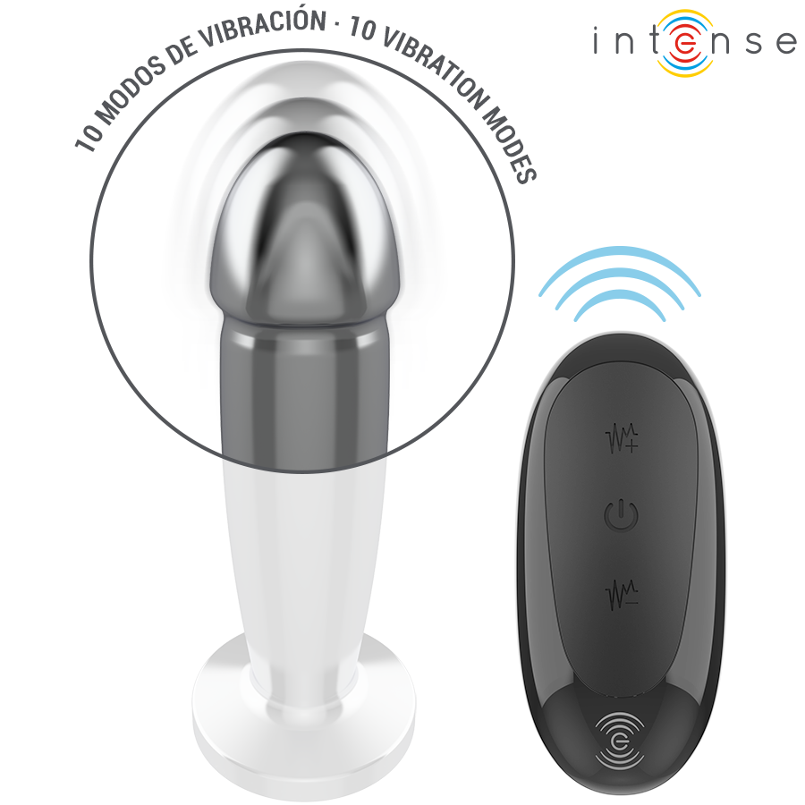 INTENSE - PLUG ANAL 10 VIBRACIONES METAL EN FORMA DE DILDO CON CONTROL REMOTO M - Imagen 4