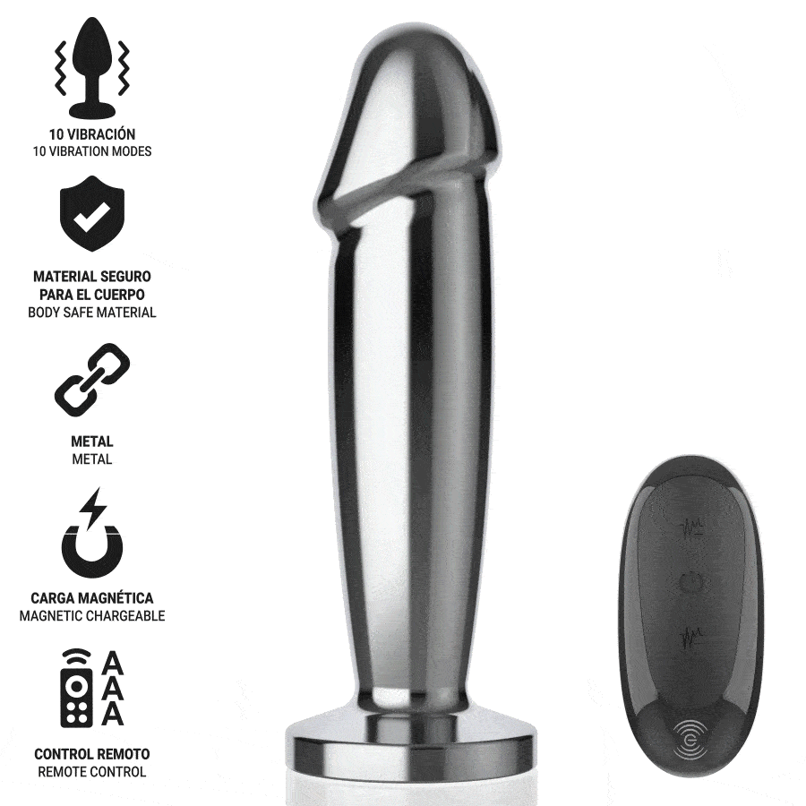 INTENSE - PLUG ANAL 10 VIBRACIONES METAL EN FORMA DE DILDO CON CONTROL REMOTO S - Imagen 2